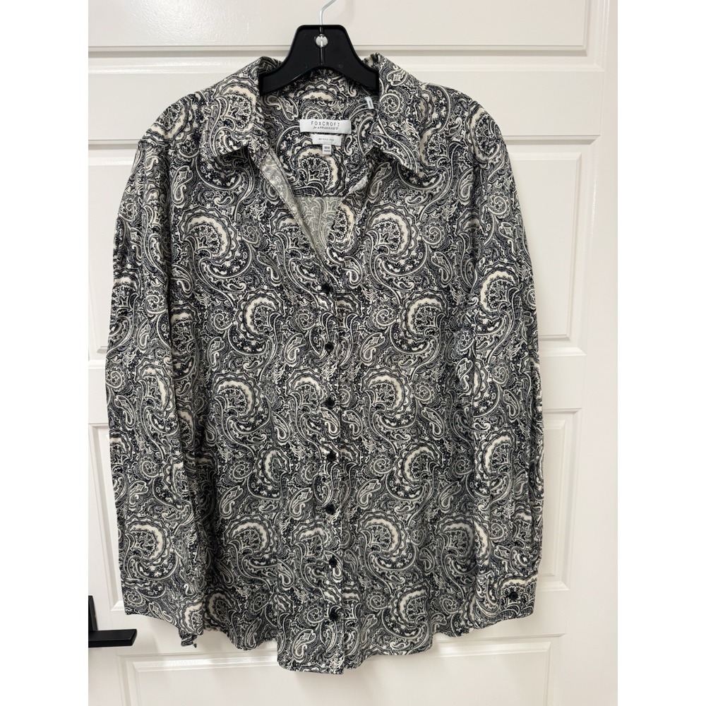 Foxcroft Appleseed Paisley Print Wrinkle Free Blouse Top Navy White 18W Shaped